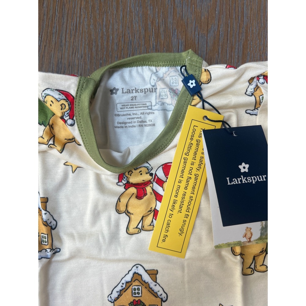 Larkspur Winnie the Pooh Christmas Bamboo Pajama Set Cream Green 2T - Picture 2 of 3
